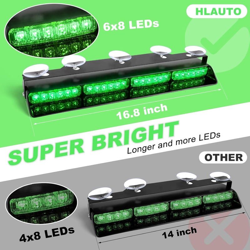 HLauto 6Z4J Emergency Dash Strobe Lights: 2x16.8 inch Green Safety Lights, 48 LED Flashing Warning Hazard Interior Windshield Visor Traffic Light Bar for Trucks, Construction Vehicles - Image 2